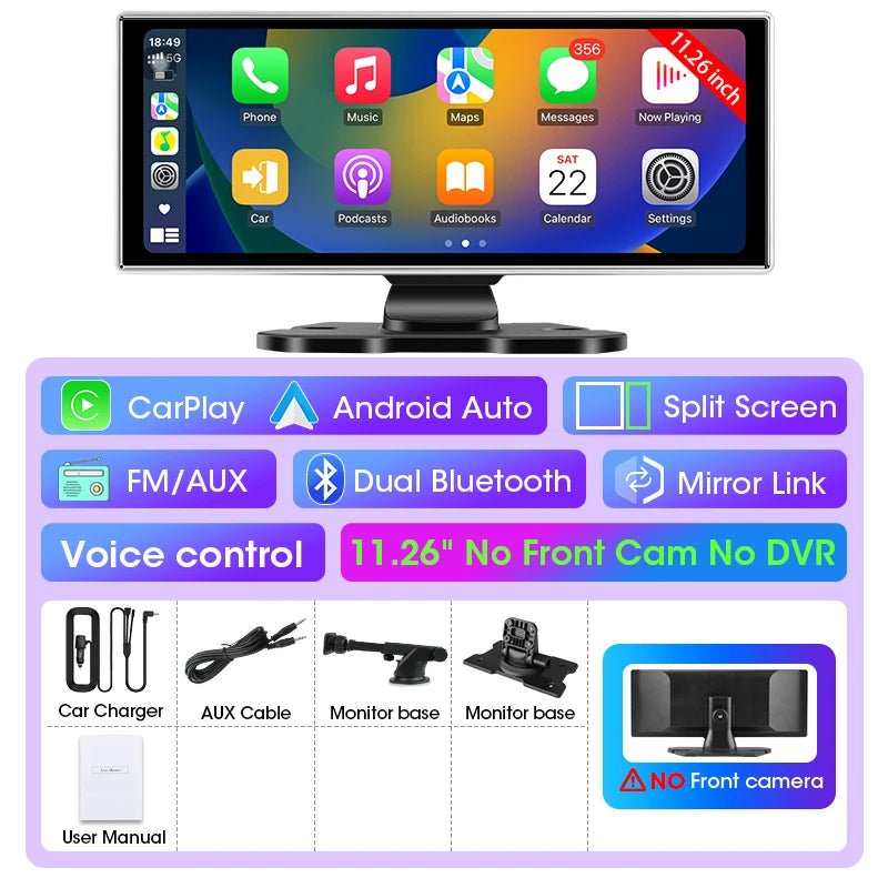 10/11.26 inch Dash Cam 4K Car DVR Wireless Carplay & Android Auto GPS Navigation Video Recorder Dashboard Dual Lens Wifi FM AUX by SnaggIt