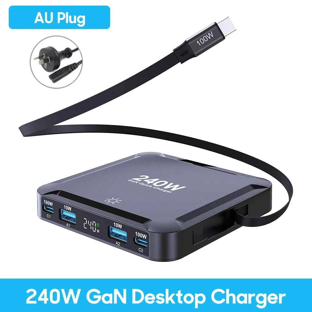 240W GaN Desktop Charger | Digital Display + 100W Retractable USB-C Cable Fast Charger Phone Laptop