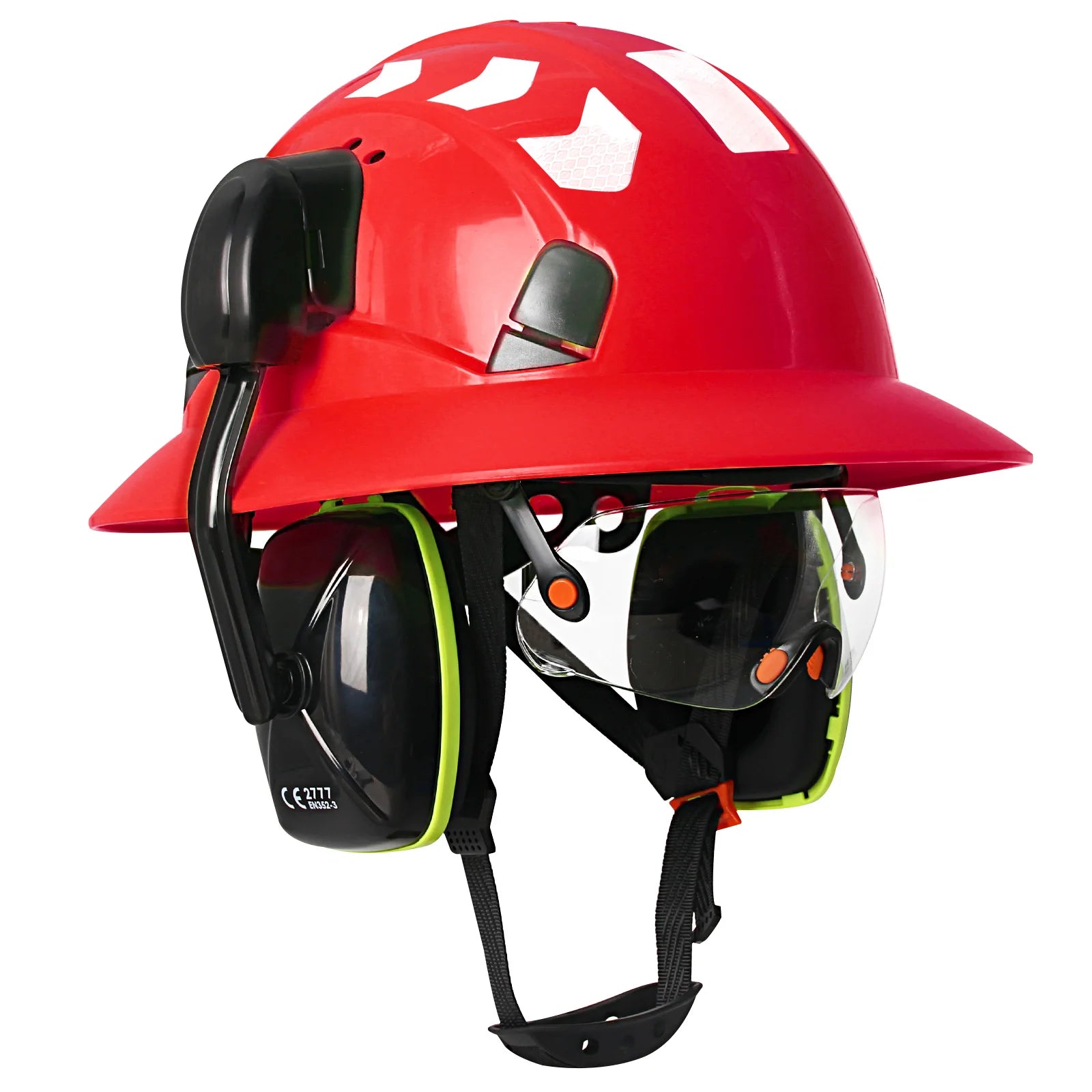 Full brim construction safety helmet with goggles, earmuffs and reflective stickers – image 10