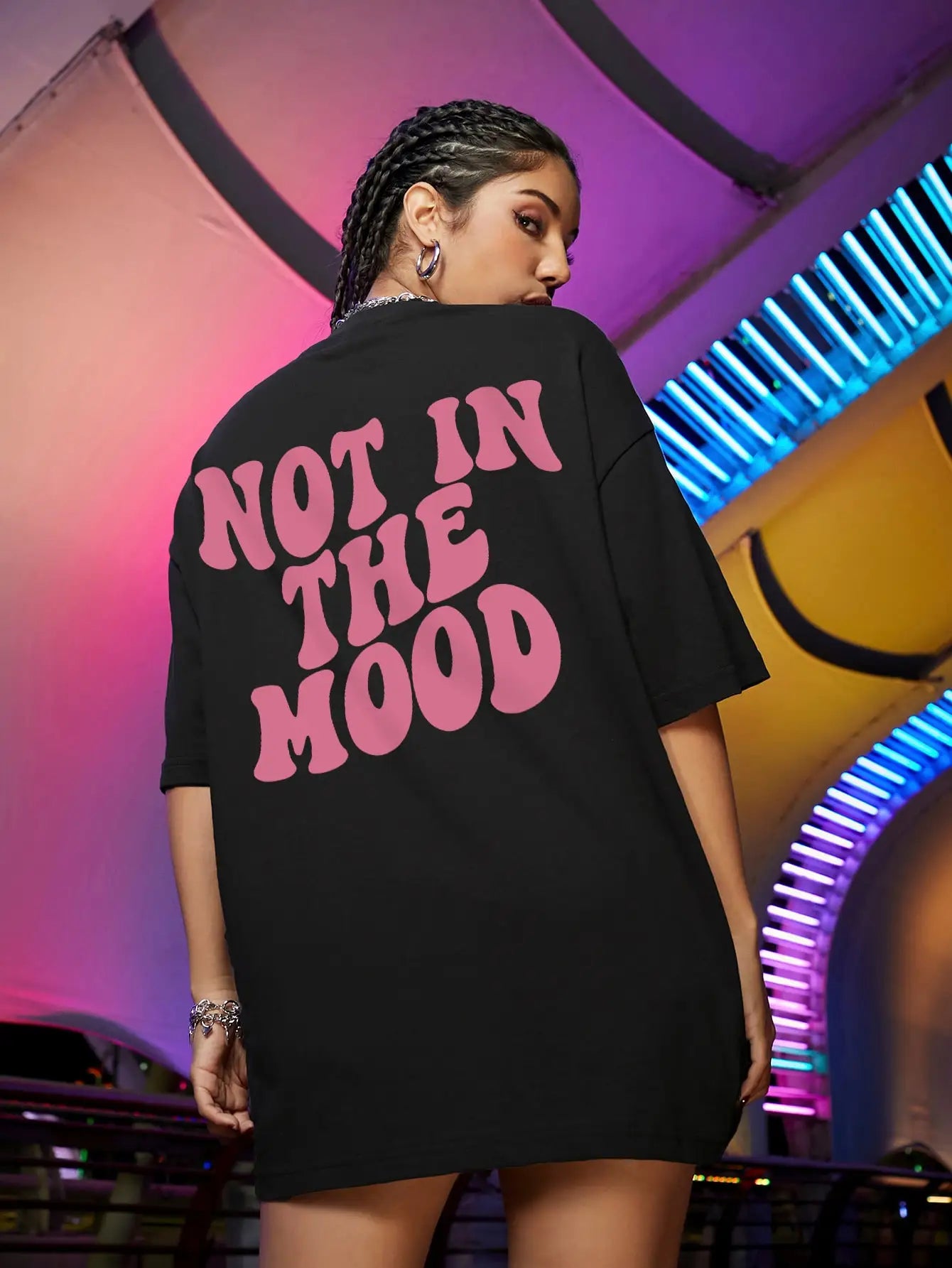 Women's "Not In The Mood" Pink Letter Print T-Shirt | Cotton Oversized O-Neck Breathable Summer Casual