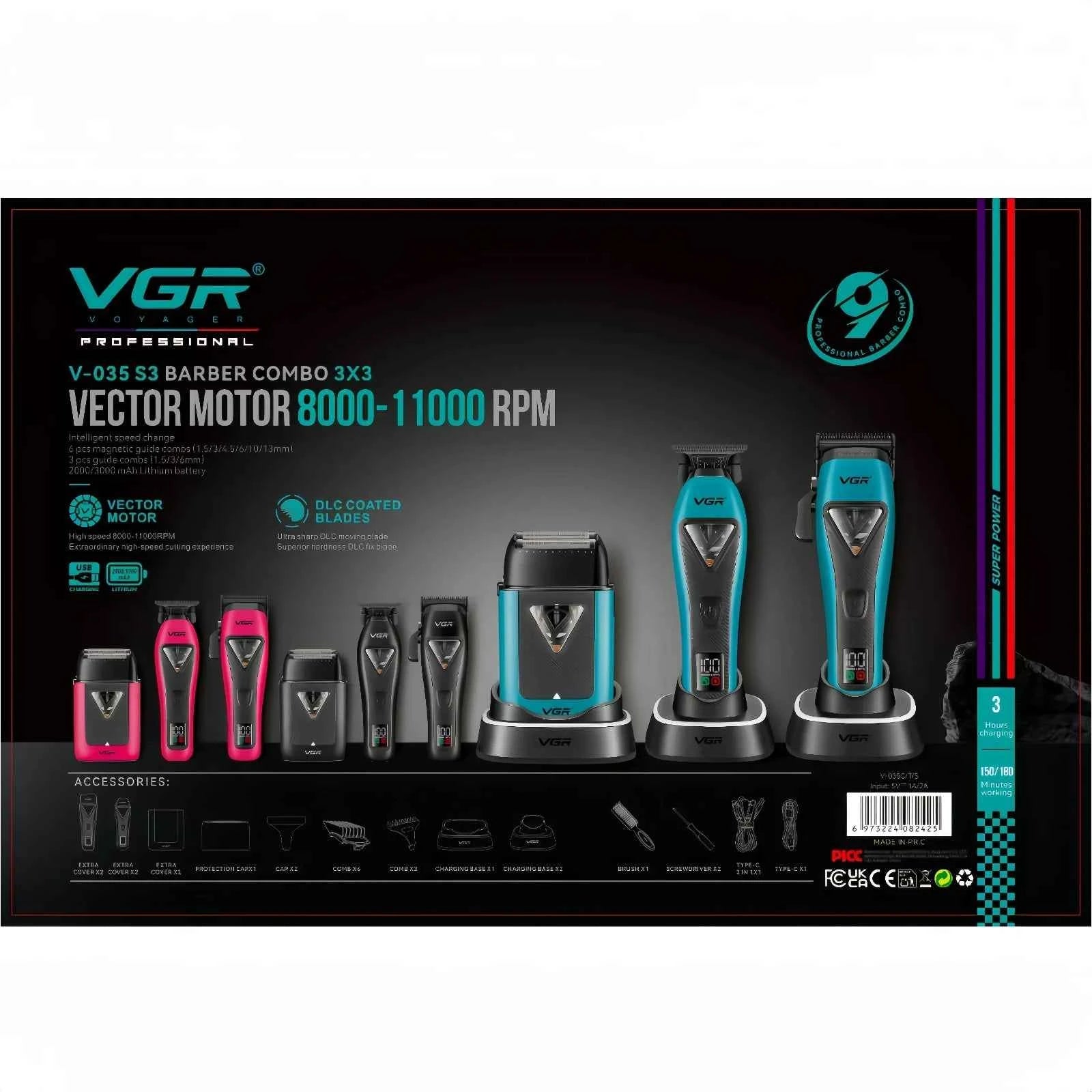 Professional 9000 RPM Vector Motor Barber Suite – Elite High Velocity Clipper & Trimmer Duo with Integrated Charging Base