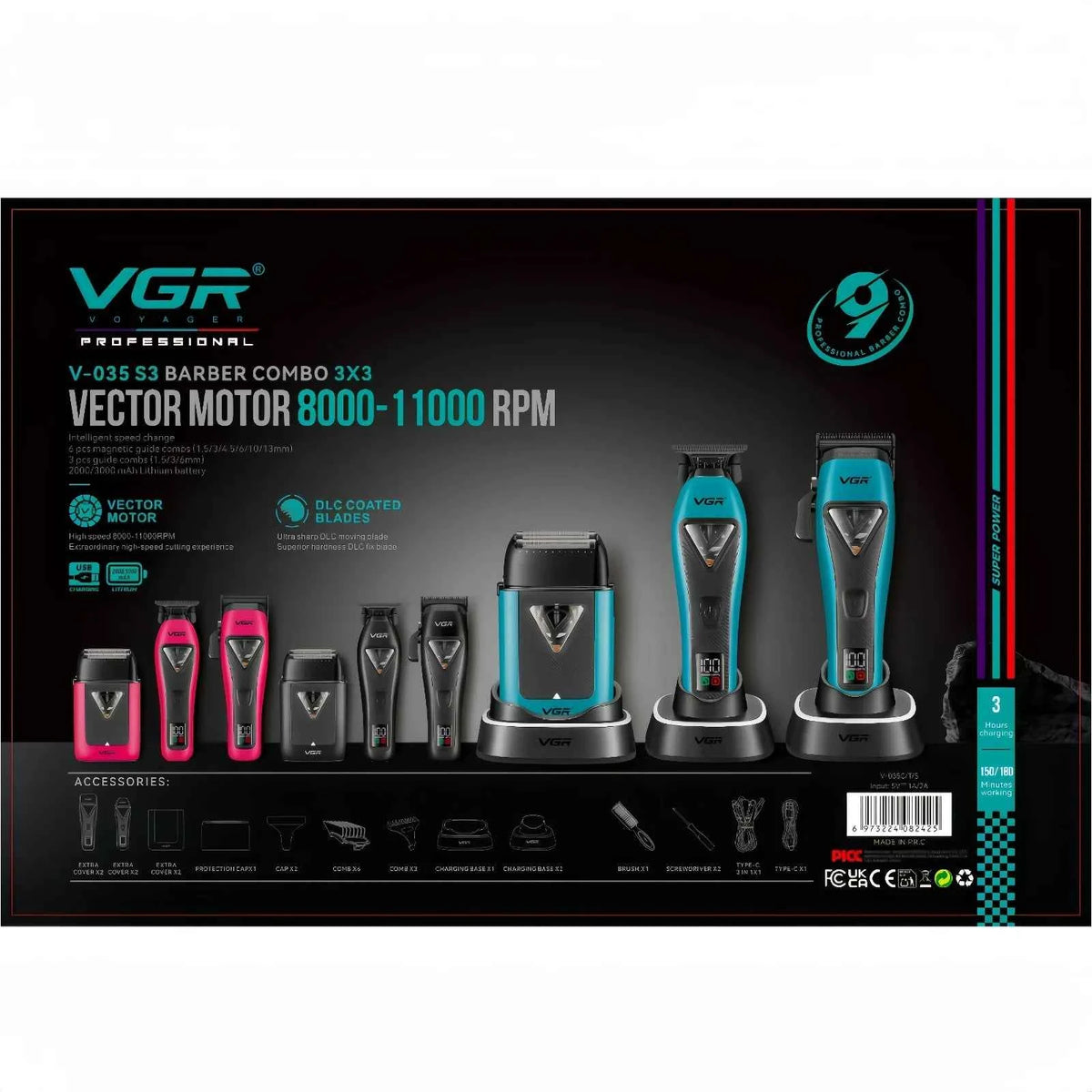 Professional 9000 RPM Vector Motor Barber Suite – Elite High Velocity Clipper & Trimmer Duo with Integrated Charging Base