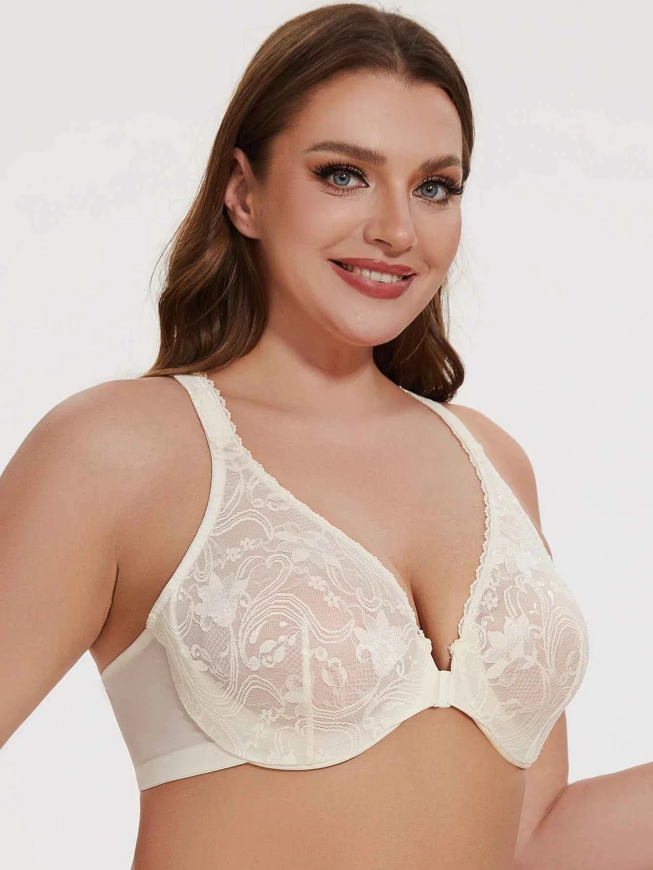 Plus Size Front Closure Racerback Bra | Lace Underwire Unlined Full Coverage