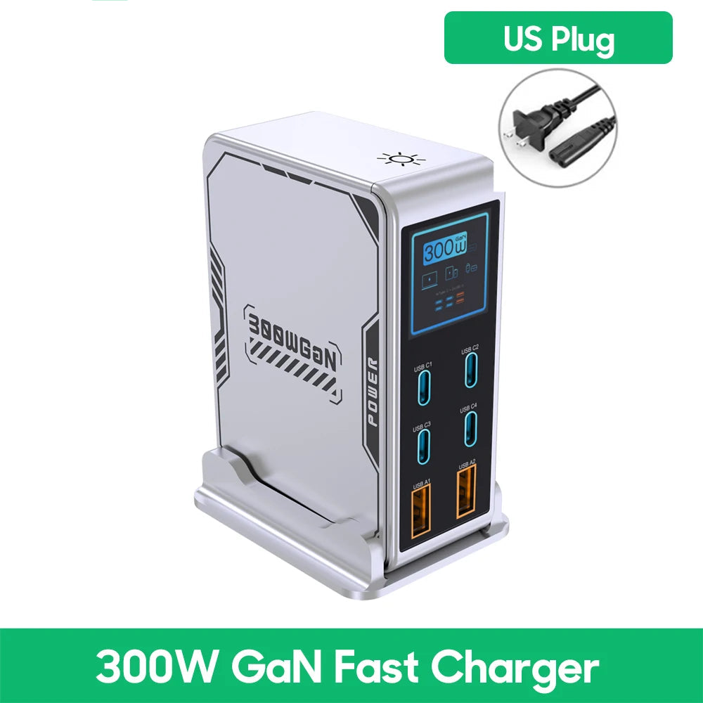 300W GaN Charger USB Type C 6-Port Digital Display by Snagg A Charging Station