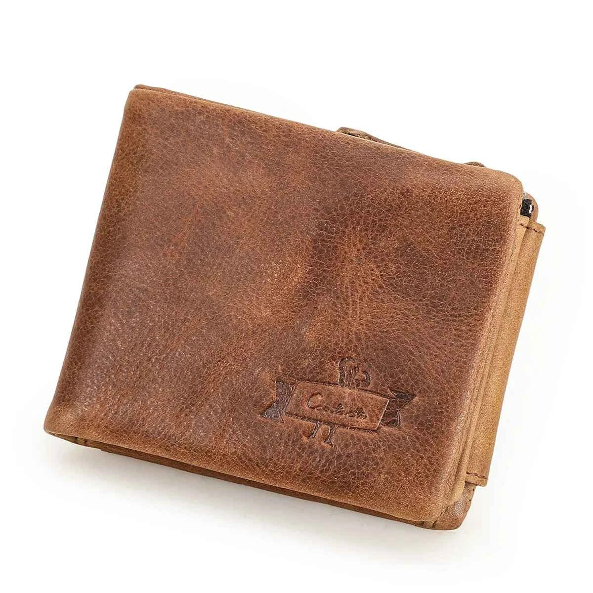 Crazy Horse Cowhide Leather Trifold Wallet with Zip Coin Pocket