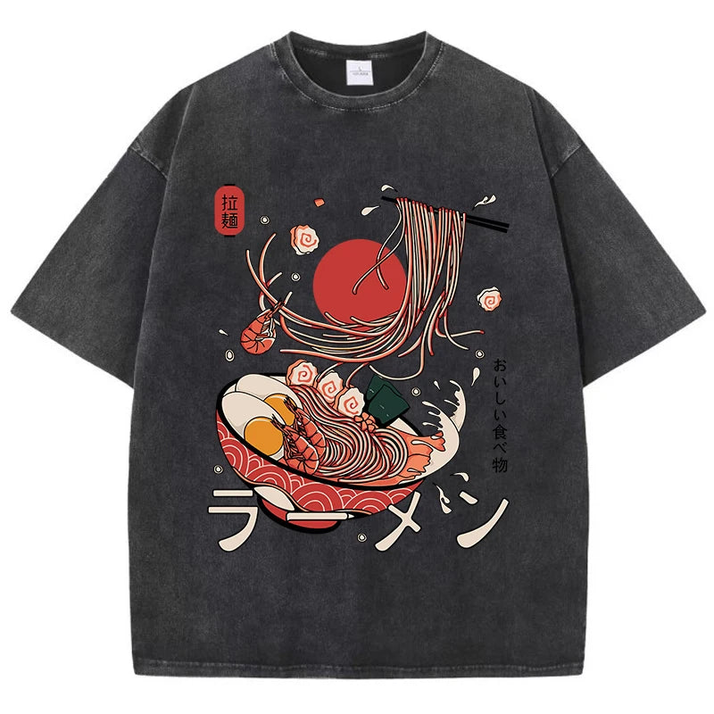 Women's Ramen Noodles Harajuku Washed T-Shirt | Cotton Oversized O-Neck All-Match Casual Top