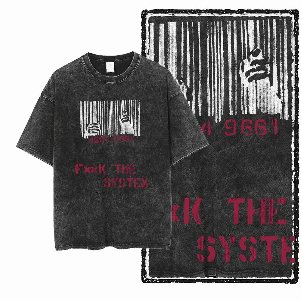 Acid Washed Black Cotton Creative Graphic T-Shirt – Men's Vintage Streetwear Tee