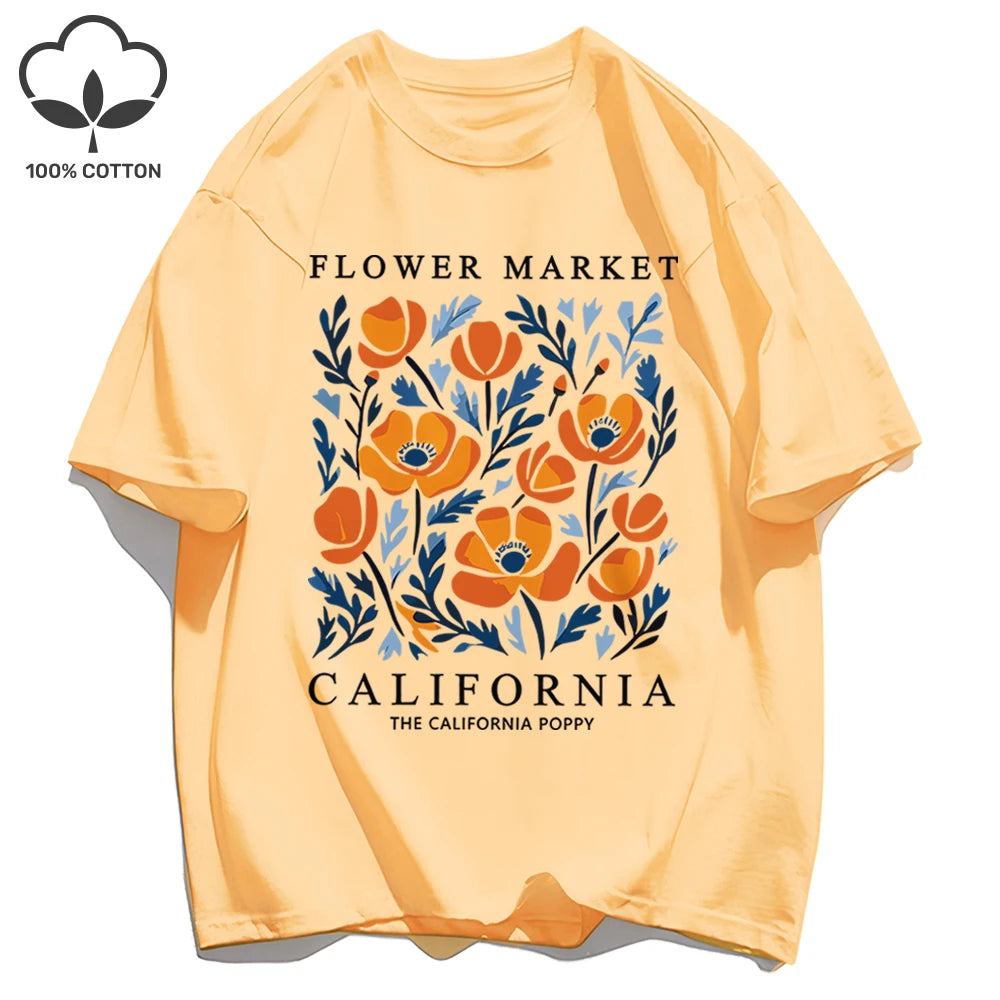 Women's California Yellow Flowers Market Print T-Shirt | Soft Cotton O-Neck Casual Crewneck Short Sleeve