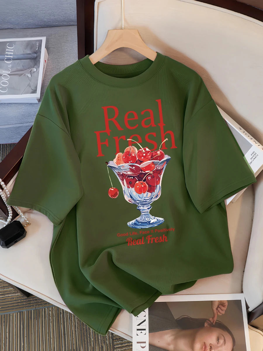Real Fresh Cherry Fruit Cup Print Womans Streetwear T-Shirt