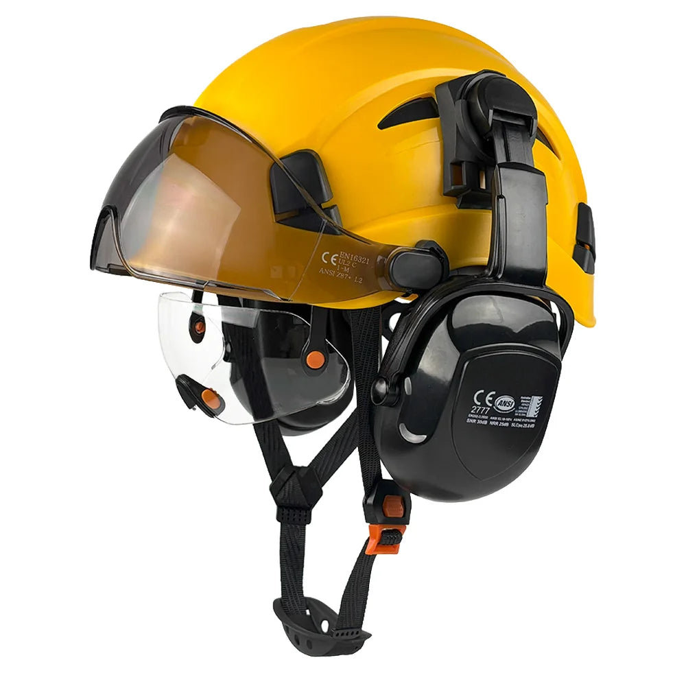 Construction safety helmet with twin visors and earmuffs – image 15