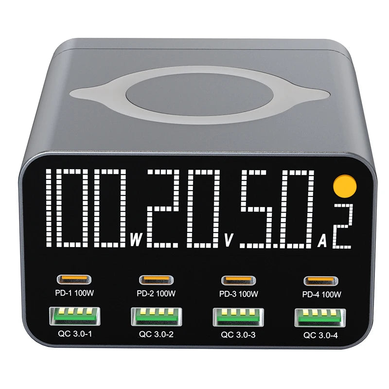 80W/120W 8-Port Charging Station | Digital Display USB-C Wireless Charger PD QC3.0 for Laptop Tablet Phone