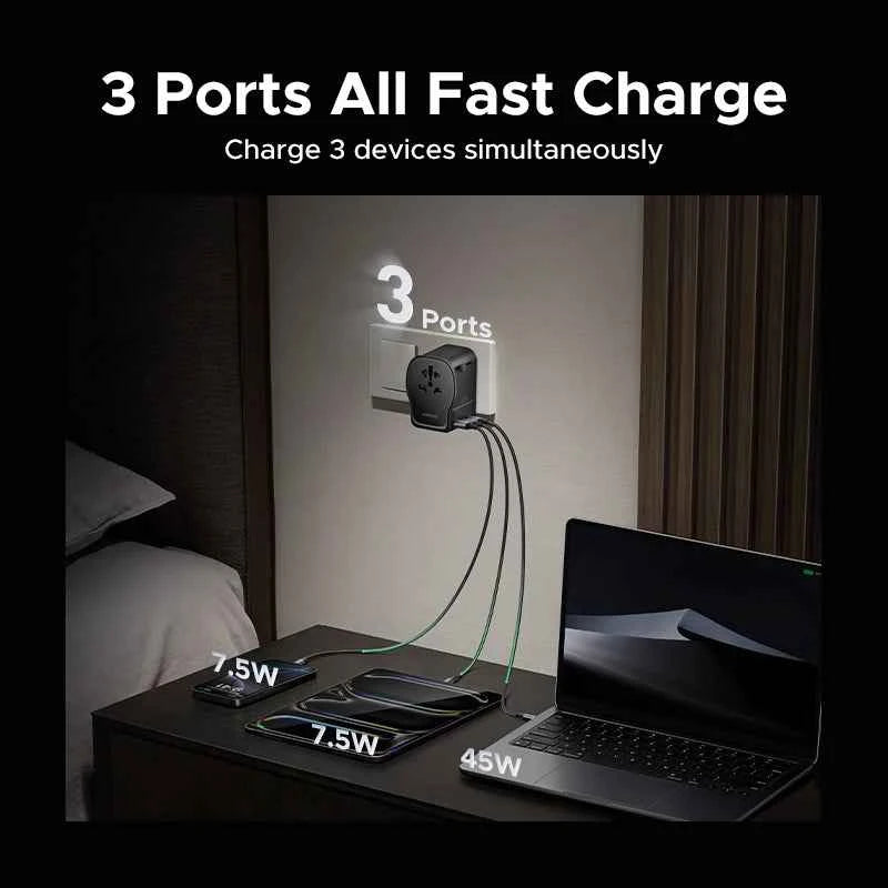 UGREEN 65W Universal Travel Adapter | GaN 2× USB-C 1× USB-A AC Socket CE FCC TÜV for EU US UK AU