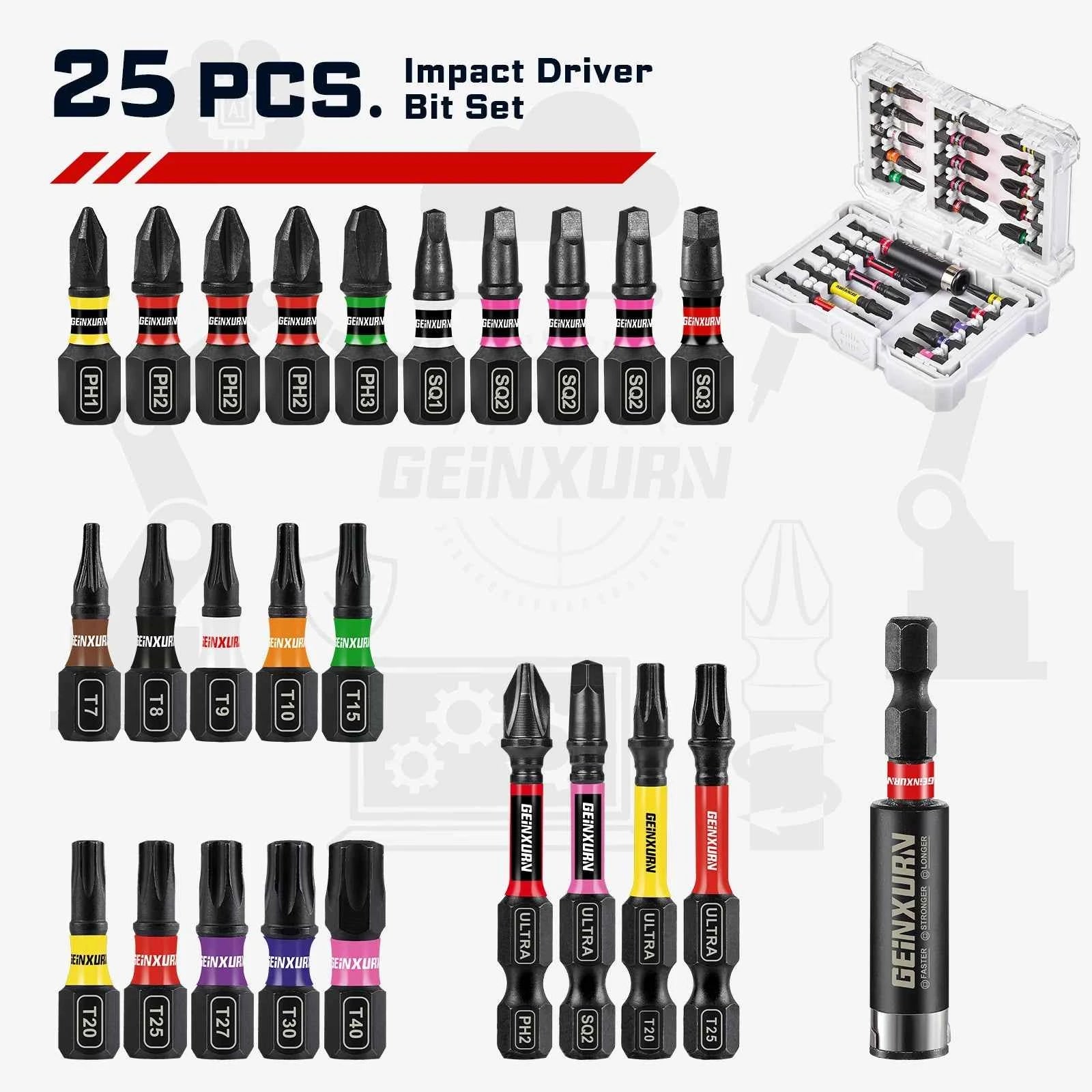 25Pcs Ultra torque Impact Screwdriver Bit Set Mixed Multi Insert Bit Tips with Bit Holder and Storage Case