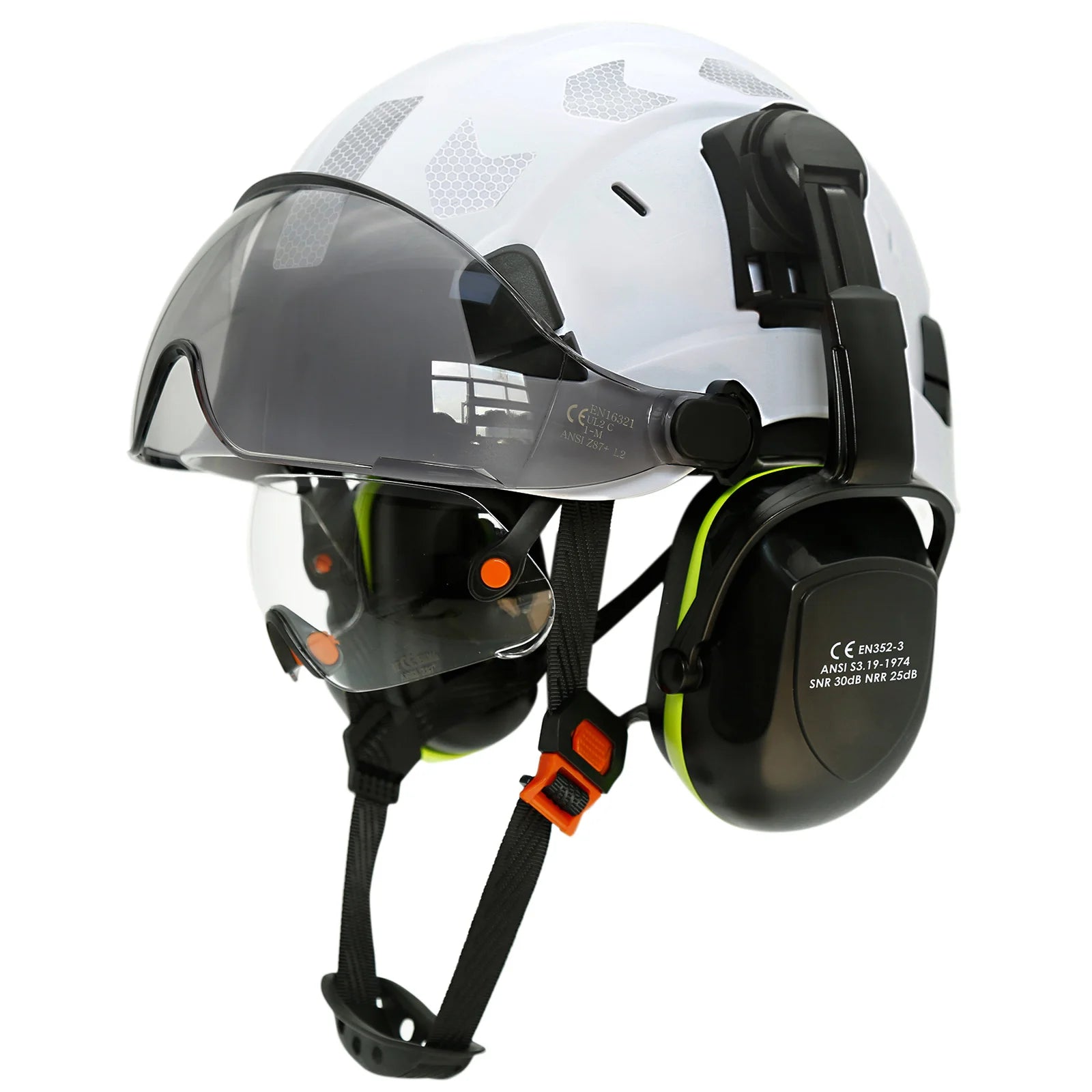 Vented construction safety helmet with double visors and earmuffs – image 16