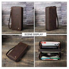 Genuine Leather Long Wallet Clutch with Double Zipper & Card Holders