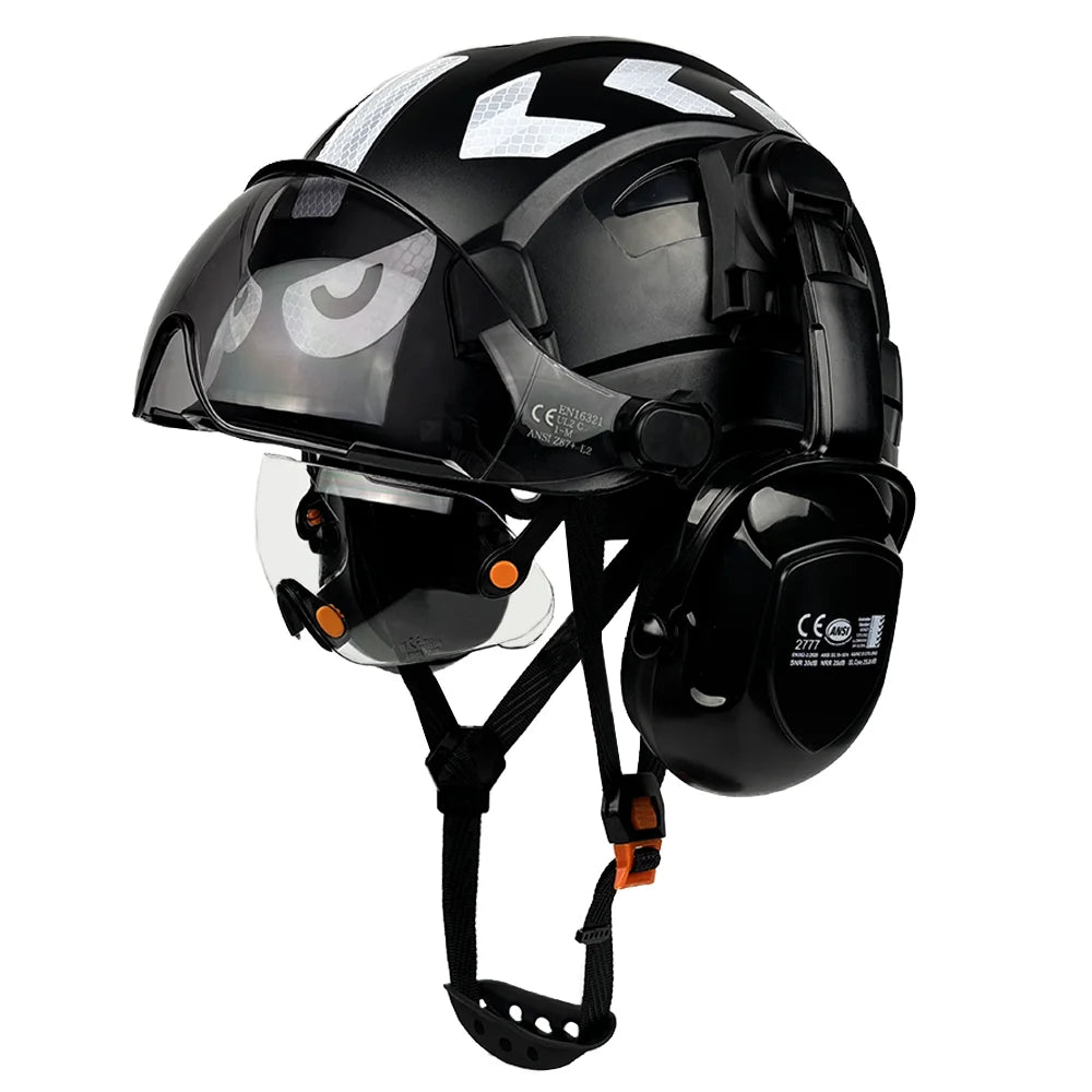 Vented construction safety helmet with twin visors, earmuffs and reflective stickers – image 7