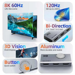 HDMI Switch / Splitter 8K@60Hz / 4K@120Hz 2-in-1 – Aluminum Knob 3D Vision Adapter for Laptop, MacBook & Lenovo