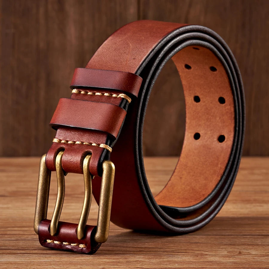 Men’s Vintage Cowhide Leather Belt - 3.8cm Wide Strap with Double-Pin Copper Buckle