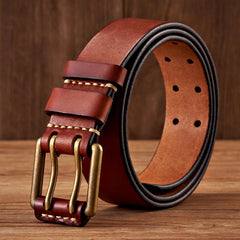 Men’s Vintage Cowhide Leather Belt - 3.8cm Wide Strap with Double-Pin Copper Buckle