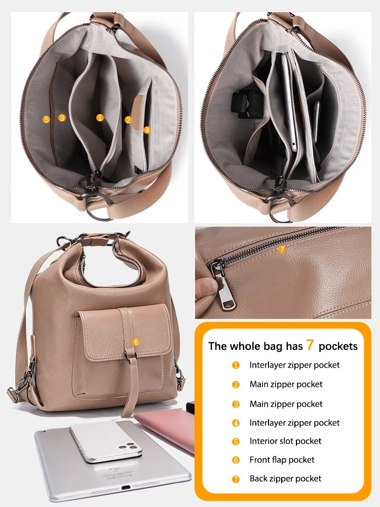 100% Genuine Leather 2-in-1 Shoulder Bag & Backpack – Large Capacity Multifunction Satchel for Women