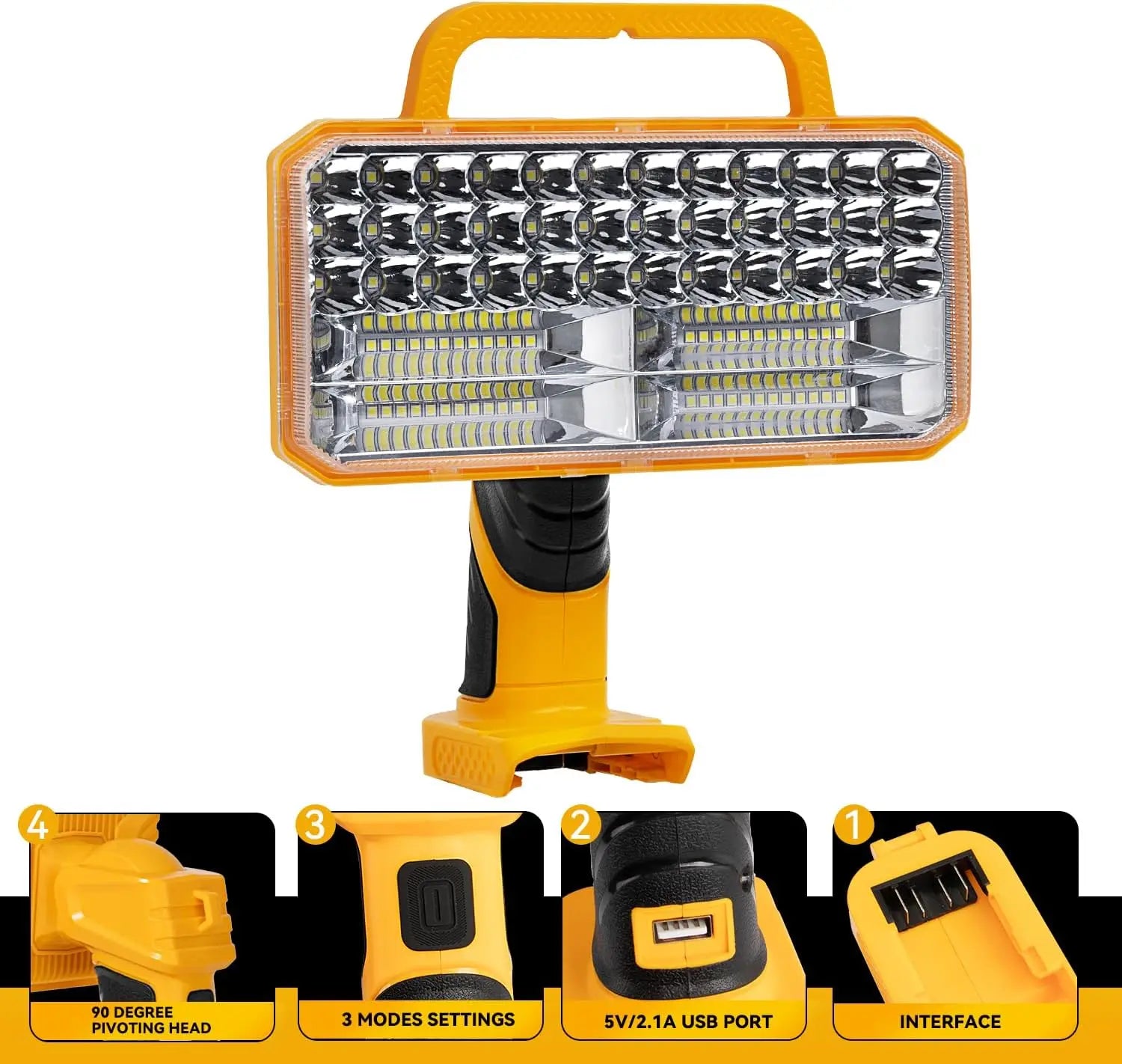 4200LM Cordless LED Work Light for Dewalt 20V MAX 3 Brightness Modes 90° Adjustable Head 5V/2.1A USB Port - Yellow