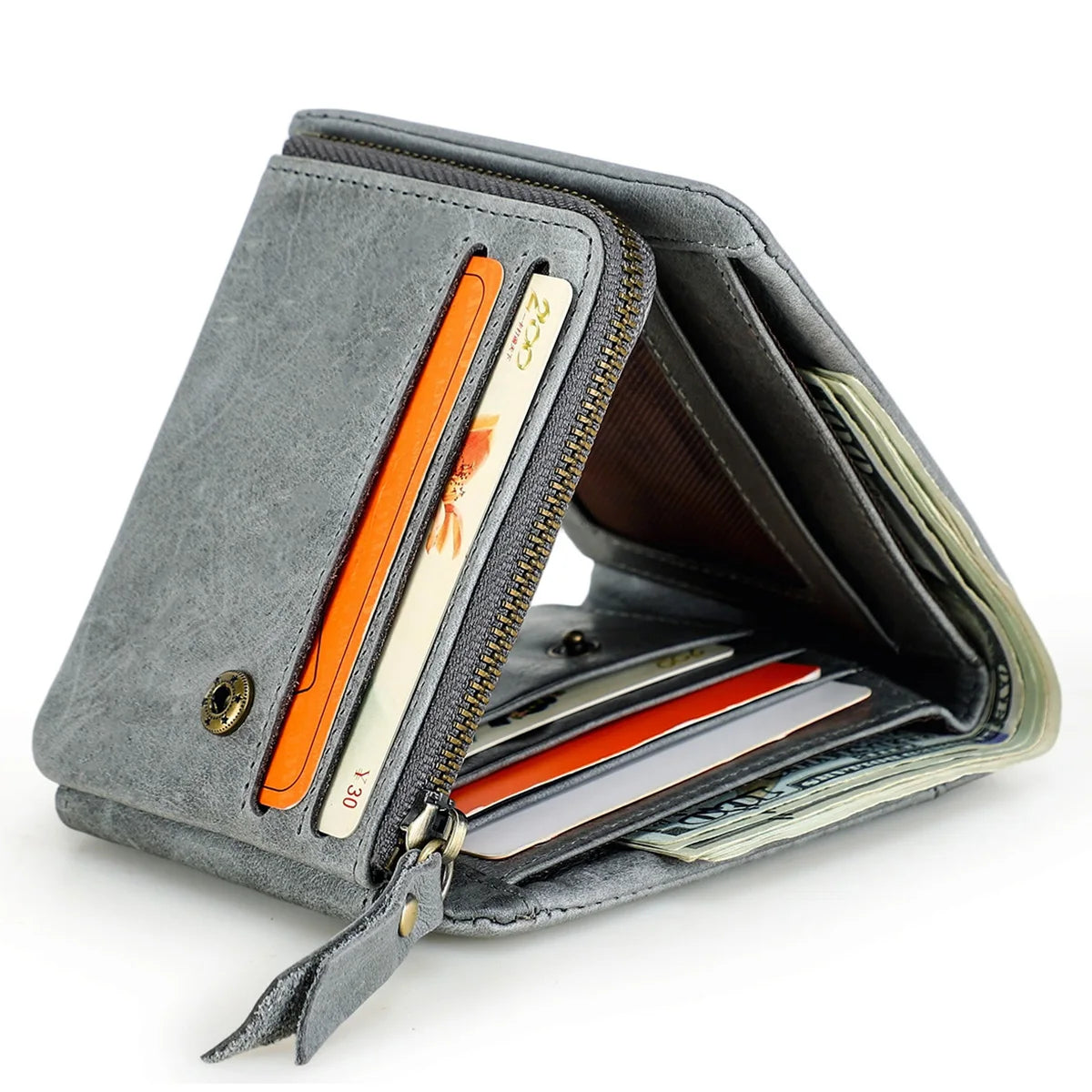 Crazy Horse Cowhide Leather Trifold Wallet with Zip Coin Pocket