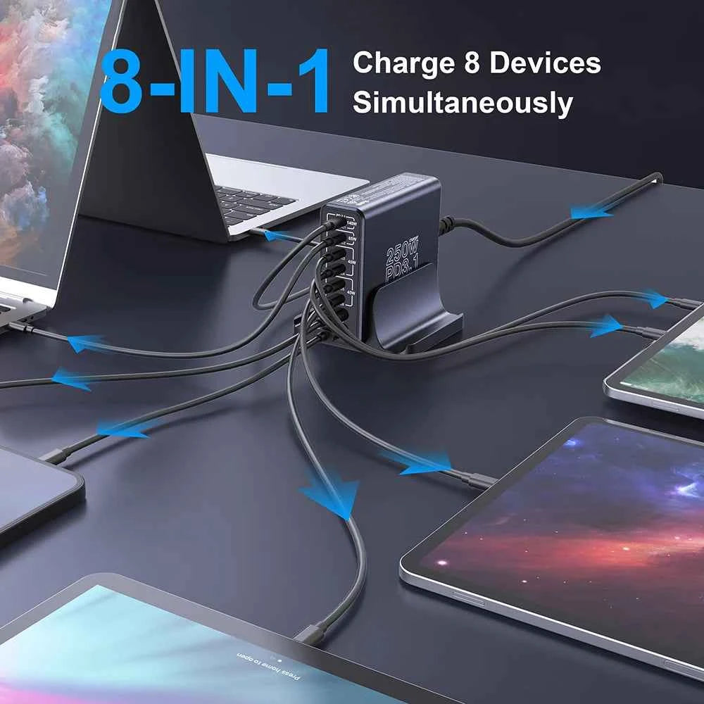 250W GaN 8-Port USB-C Desktop Charger | PD3.1 Fast Charging Station for iPhone Samsung Laptop