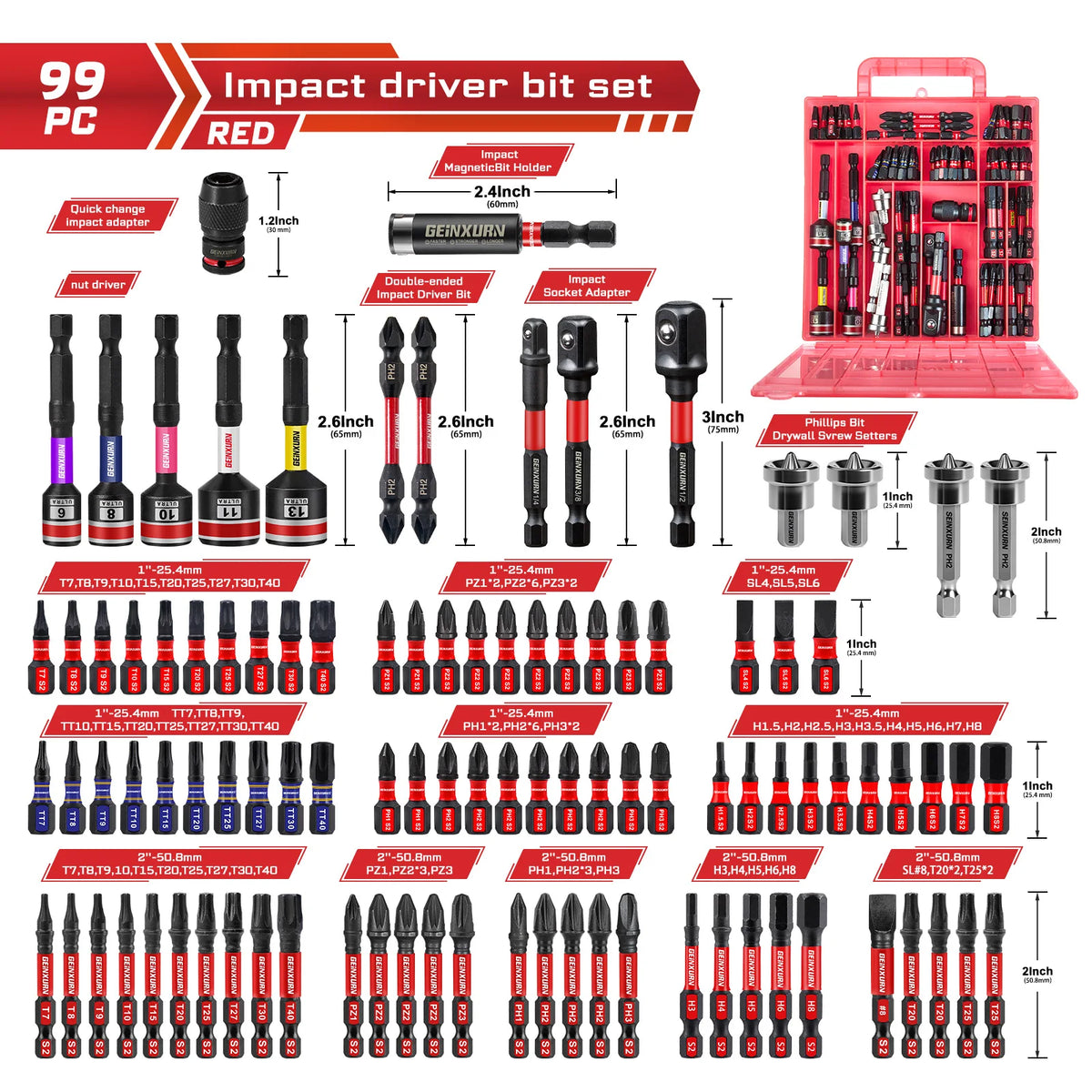 99PCS Impact Screwdriver Bits Set – 1” & 2” Magnetic Driver Bits with Drywall Screw Setter