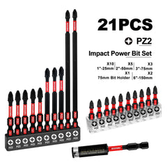 Pozidriv #2 PZ2 Impact Tough Screwdriver Bit Set – S2 Alloy Steel 1"/2"/3"/6" with Storage Organizer