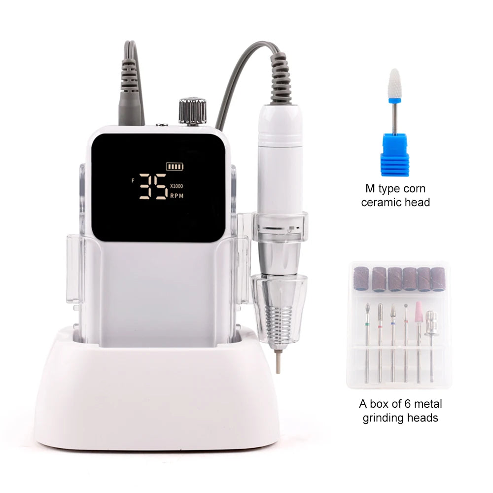 Professional 35,000 RPM Desktop Rechargeable Nail Drill – High Torque Cordless Manicure & Pedicure Station
