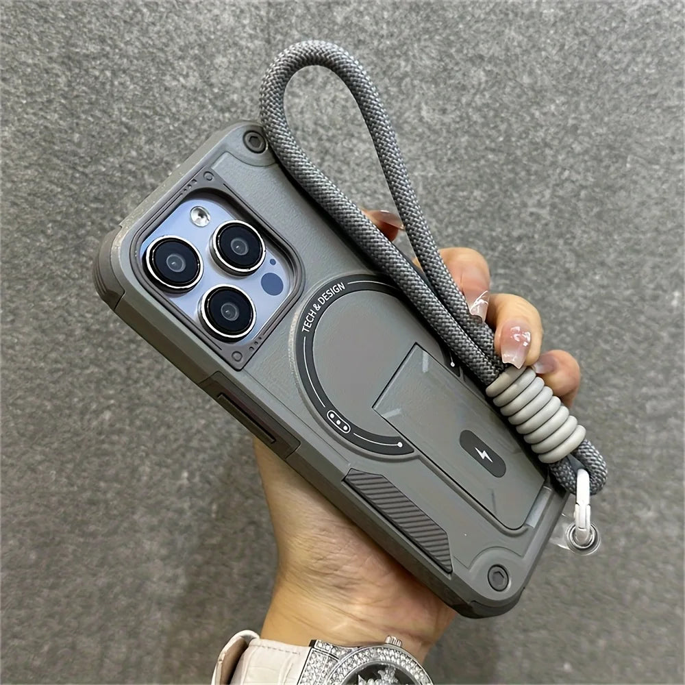 Kickstand Magnetic Shockproof With Strap Case - For iPhone 17 Series - Phone Cases & Covers