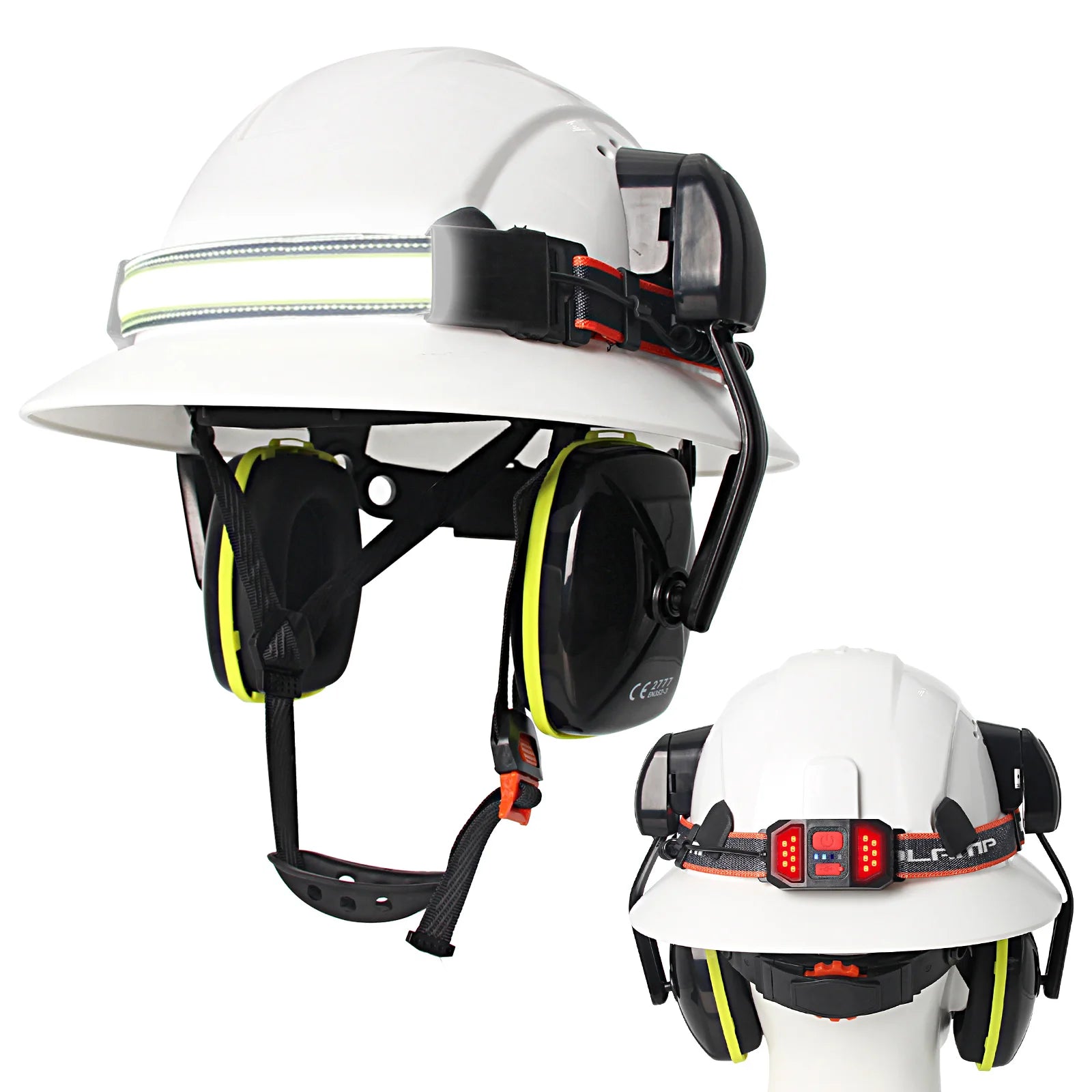 Full brim construction safety helmet with earmuffs and head lamp – image 14