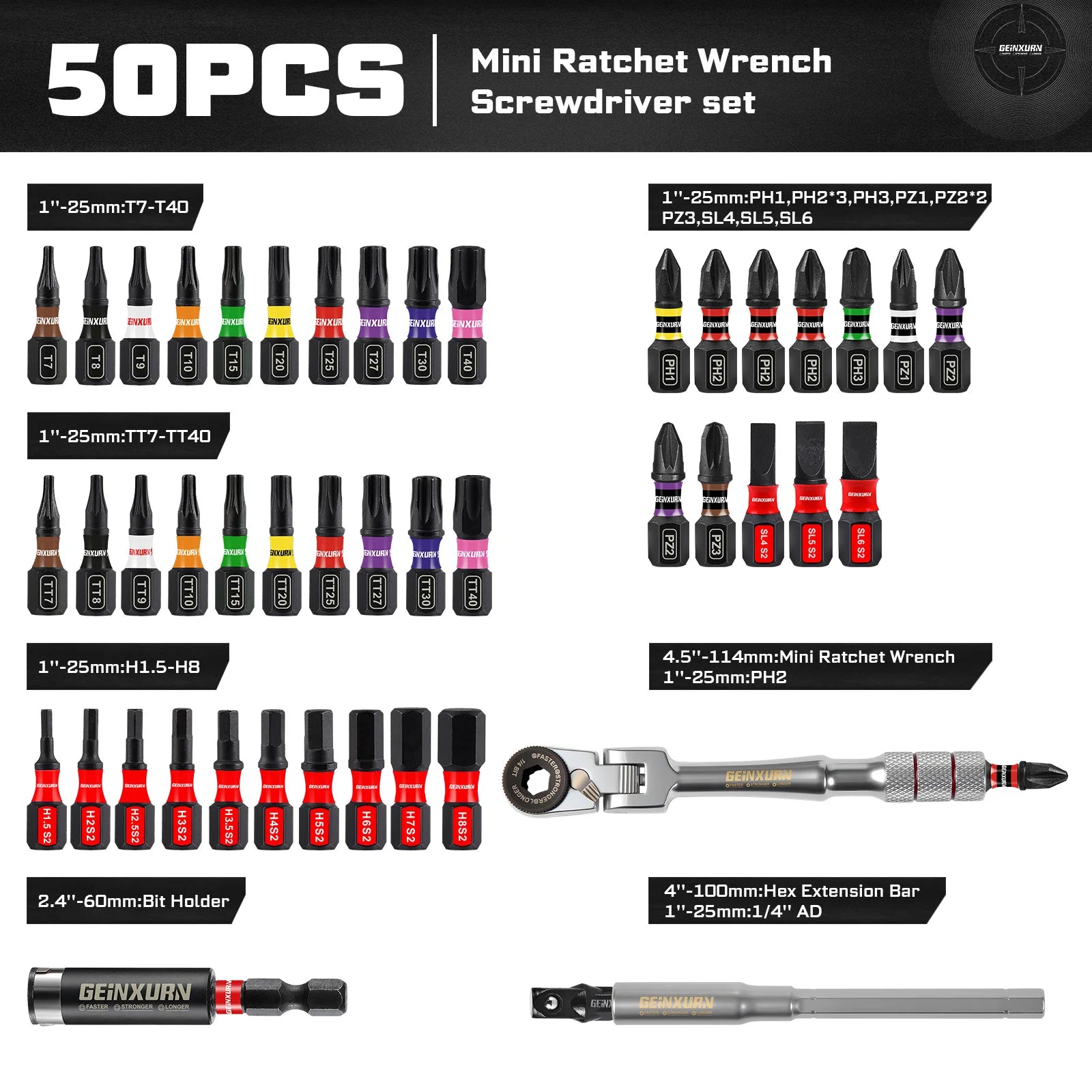 Mini Ratchet Wrench Set 33pcs | 1/4" Adapter S2 Steel Magnetic Screwdriver Bits Colour-Coded Base