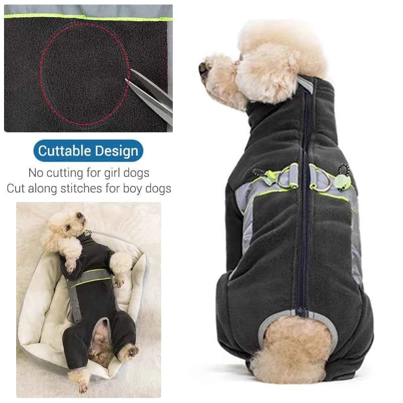 Fleece Dog Pyjamas with Legs – Reflective Closed-Belly Winter Suit for Small Dogs (Cuttable Panel)