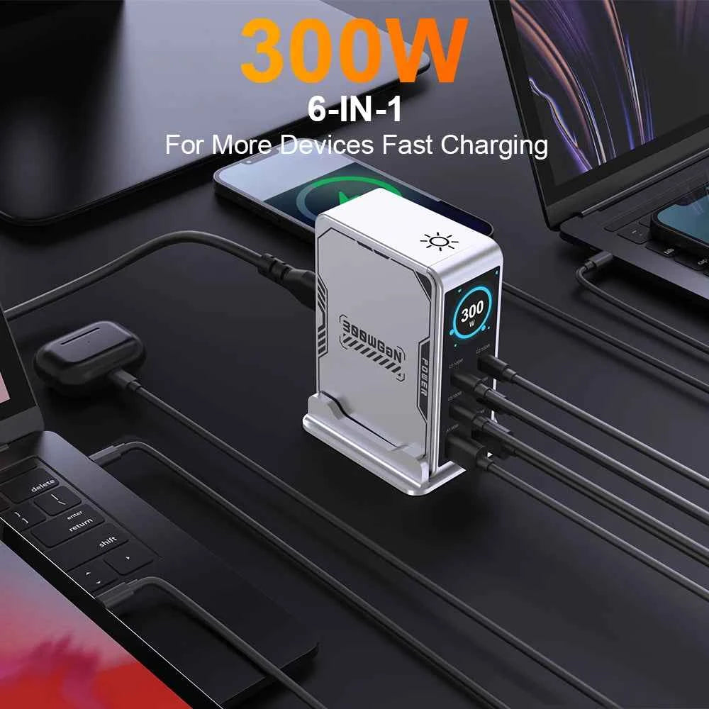300W GaN 6-Port Digital Desktop Charging Station | PD 100W USB-C Fast Charger iPhone MacBook Laptop