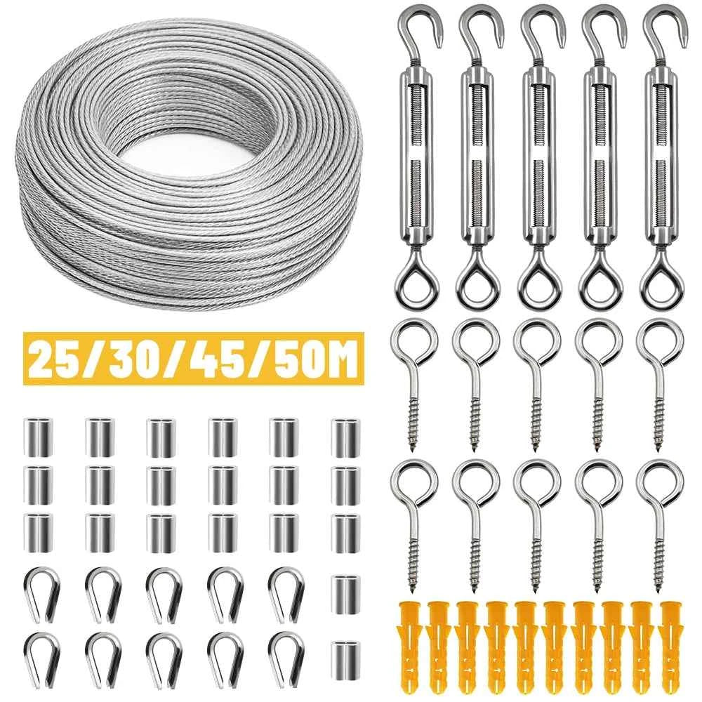 56pcs Complete Wire Rope Kit 25–50M | PVC Coated Steel Cable for Clothesline Guardrail Safety Camping