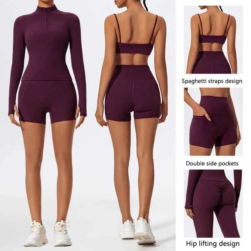 Women's Long Sleeve Workout Suit | Quick-Dry Gym Bra & Short Tracksuit Running Yoga Clothes Set