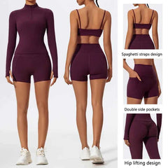 Women's Long Sleeve Workout Suit | Quick-Dry Gym Bra & Short Tracksuit Running Yoga Clothes Set