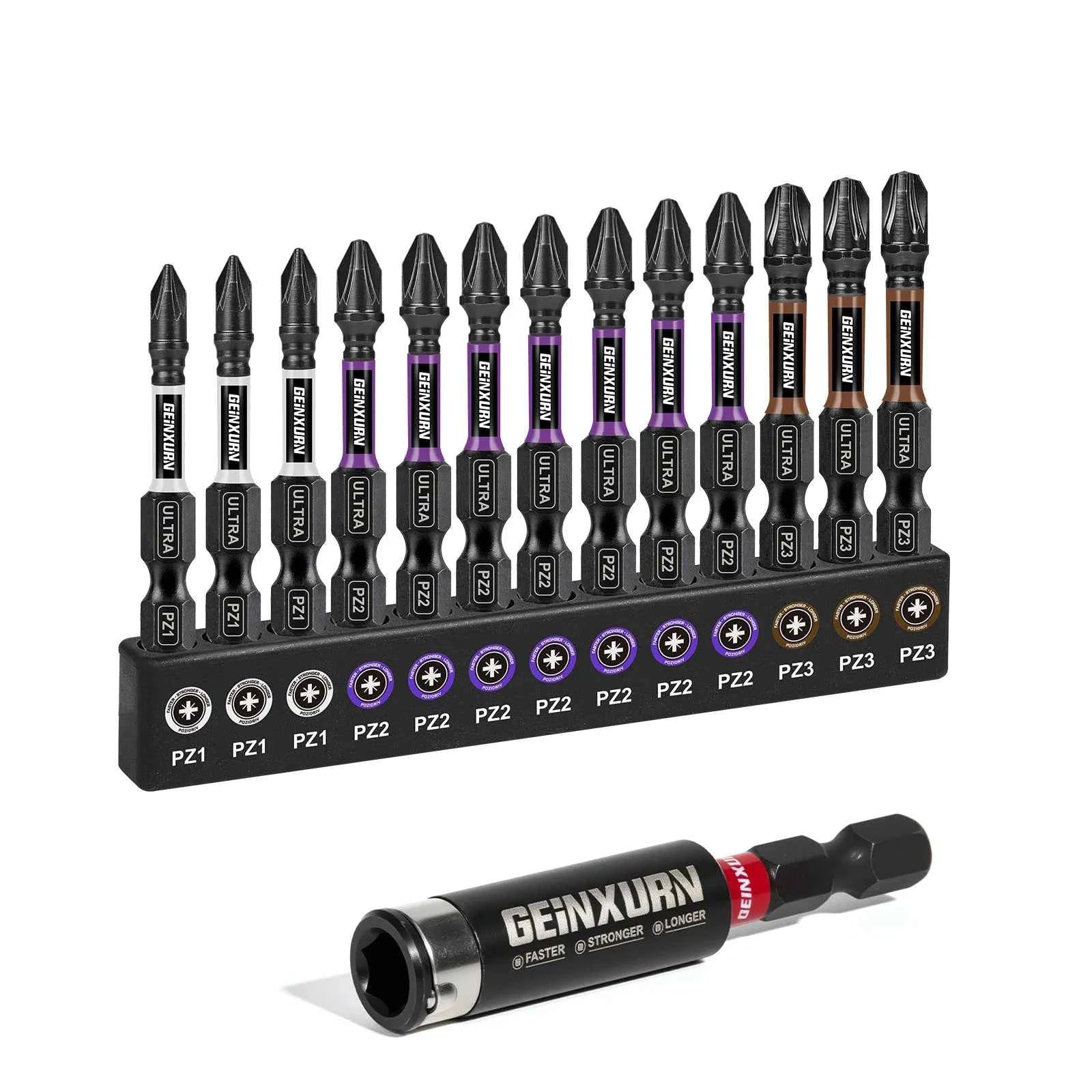 Impact Pozidriv Screwdriver Bits Set PZ1/2/3 14pcs | Magnetic S2 Steel Bits & Bit Holder Colour-Coded