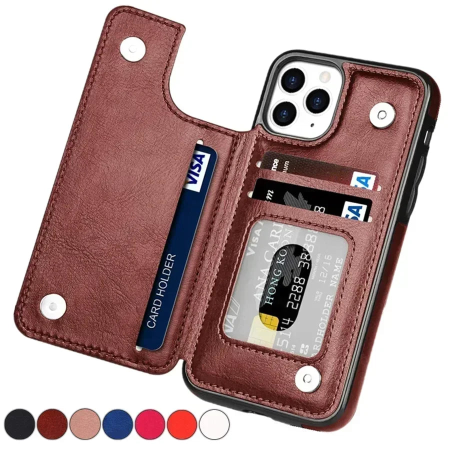 Double Button Wallet Flip Leather Case with Card Slot & Stand – for iPhone 14 Series - Phone Cases Covers