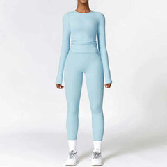 Women's 2-Piece Seamless Long Sleeve Crop Top Yoga Set | High Waist Leggings Gym Fitness Suit