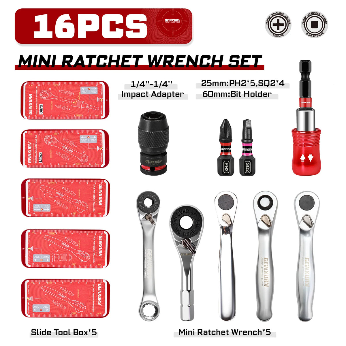 Mini Ratchet Screwdriver Set 16pcs | S2 Alloy Impact Magnetic Bit Holder 1/4" Wrench Push-Pull Case