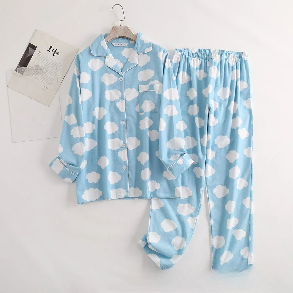 Women's Cotton Flannel Pajama Set | Plaid Long Sleeve Long Pants Loose Autumn Winter Sleepwear