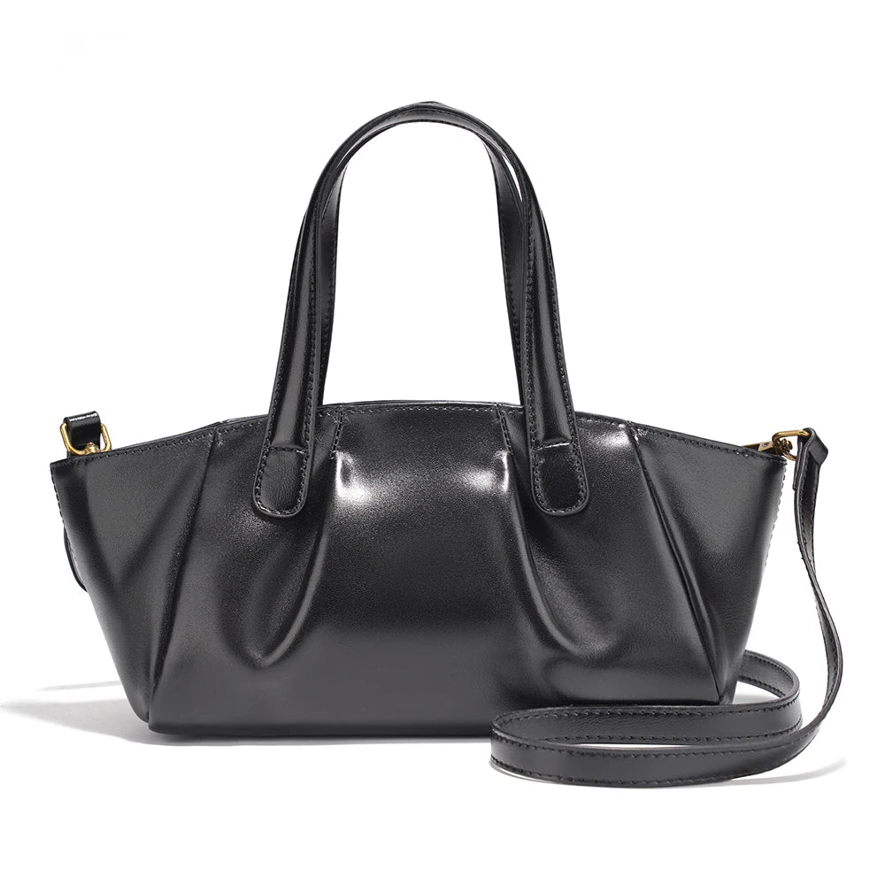 Ruched Genuine Leather Small Satchel