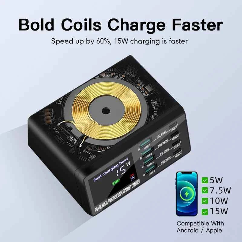 110W 8-Port USB Charging Station | 15W Wireless + PD 45W QC3.0 USB-C Fast Charger iPhone MacBook Samsung