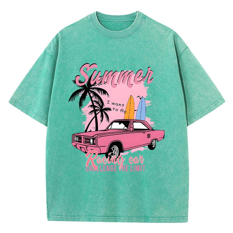 Racing Car Graphic Cotton Washed T-Shirt – Women's Oversized Streetwear Tee