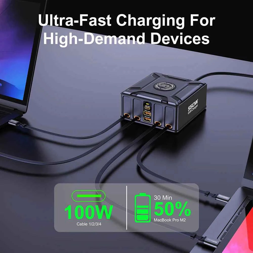 550W 7-in-1 GaN Charging Station | 100W Retractable USB-C Cable Fast Charger Laptop Phone Tablet