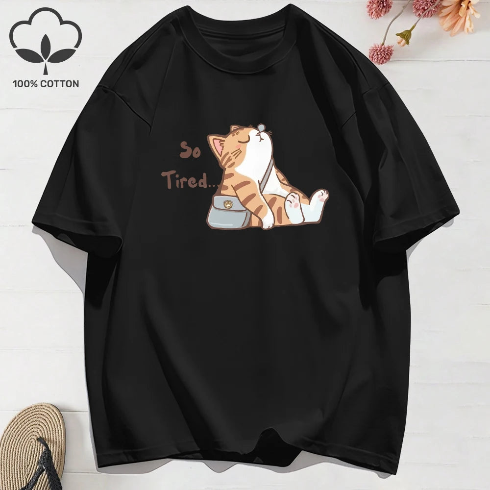 “Too Tired Cat” 100% Cotton Tee, Soft Relaxed Fit Streetwear Graphic Shirt