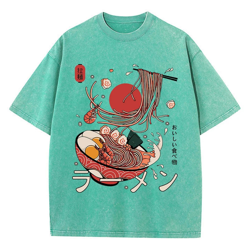 Women's Ramen Noodles Harajuku Washed T-Shirt | Cotton Oversized O-Neck All-Match Casual Top