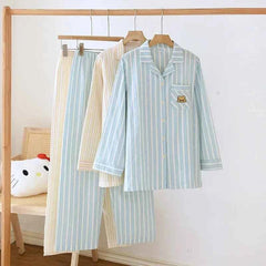 Women's Striped Cotton Pajama Set | Long Sleeve Long Pants 100% Cotton Thin Spring Summer Sleepwear